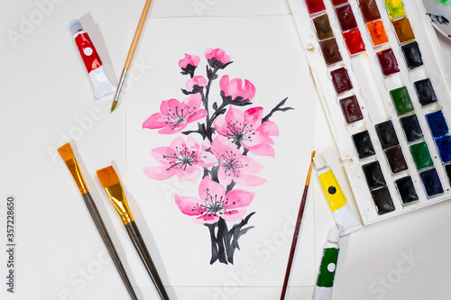 Top view on drawed picture with flower