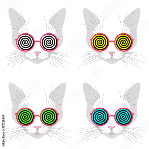 Cat faces with trendy sunglasses with spiral hypnosis line pattern