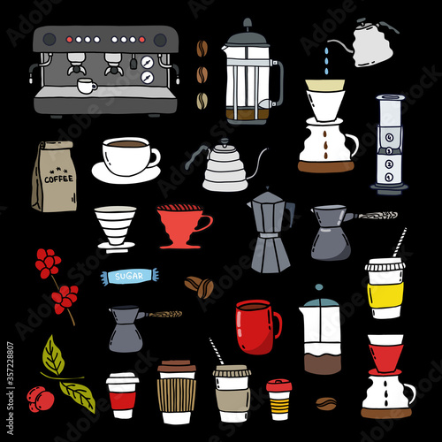 coffee doodle icons set, vector color illustration