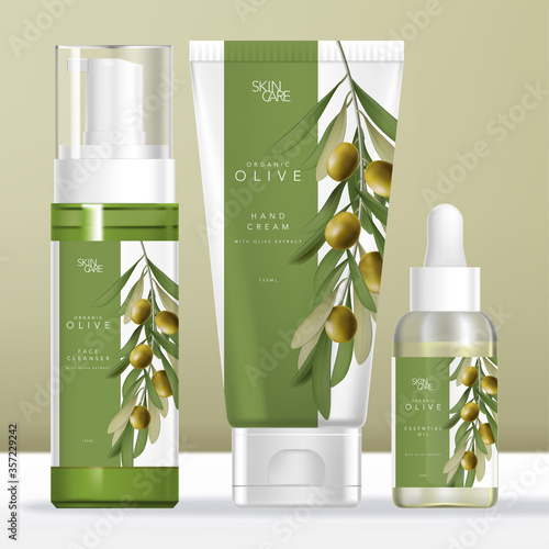 Vector Olive Oil Beauty Packaging Set with Transparent Foam Bottle,Glass Dropper Bottle & Tube. Olive illustration Printed. 