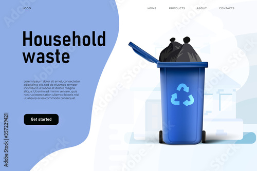 household waste at the garbage container, landing page template. Environmental protection.