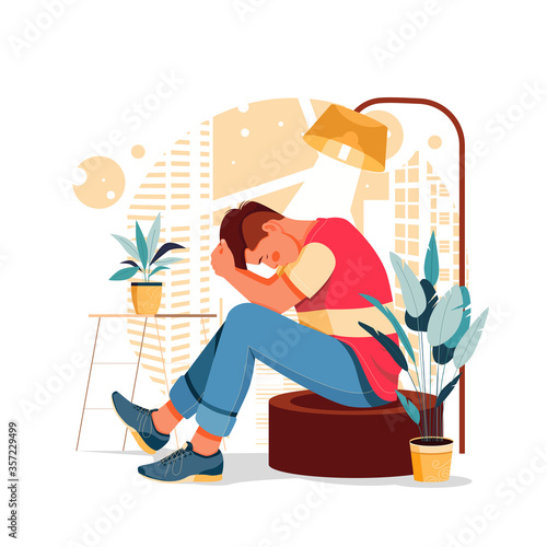 vector illustration of stressed and depressed male character portrait, flat design concept