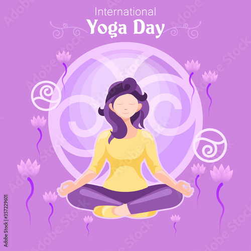 Meditating girl in sitting Position with yellow top and purple bottom