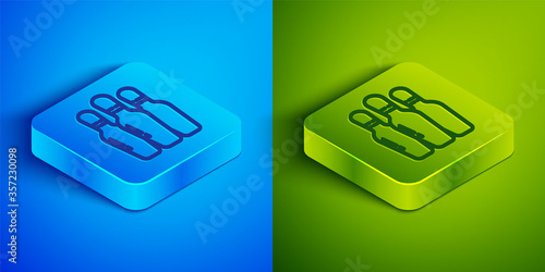 Isometric line Bowling pin icon isolated on blue and green background. Square button. Vector Illustration.
