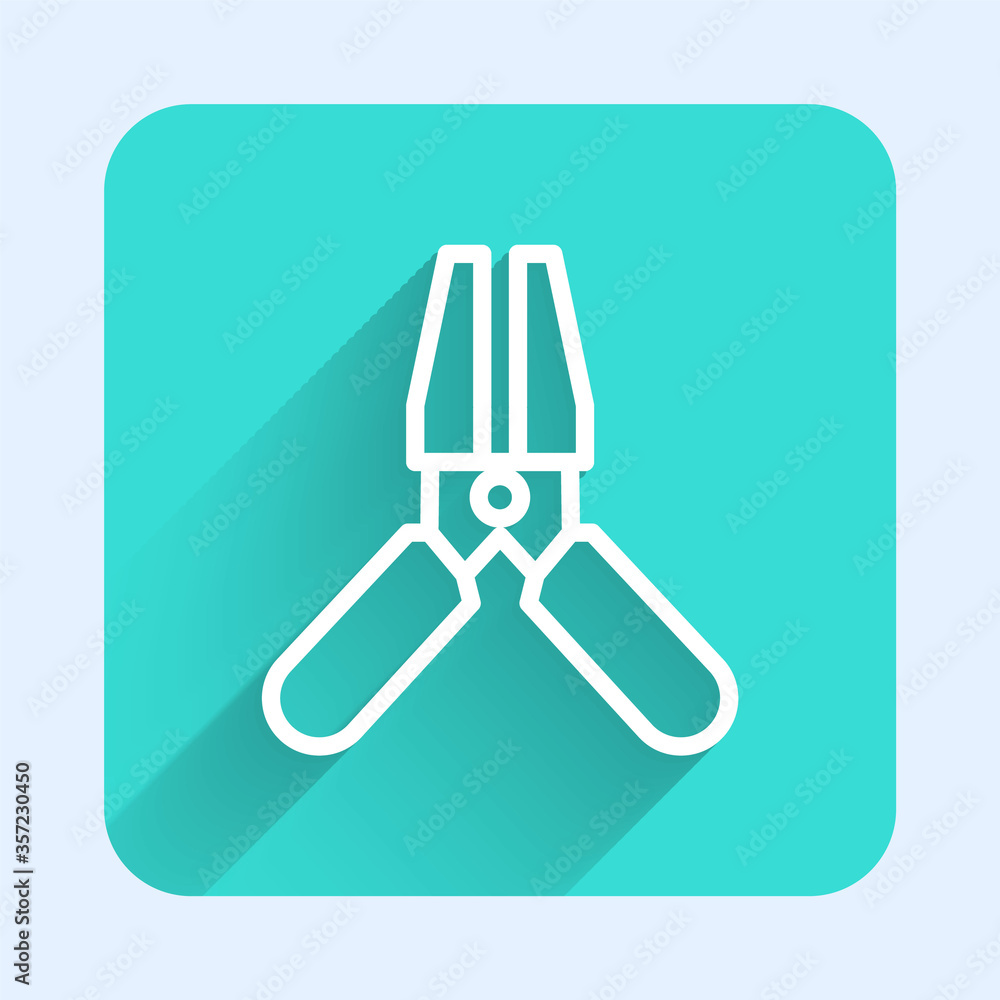 White line Car battery jumper power cable icon isolated with long shadow. Green square button. Vector Illustration. White line Car battery jumper power cable icon isolated with long shadow. Green square button. Vector Illustration.