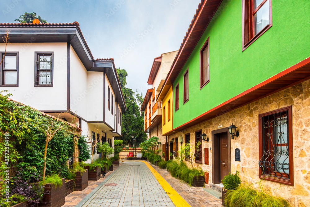 Colorful historical Kaleici Houses view in Antalya City.