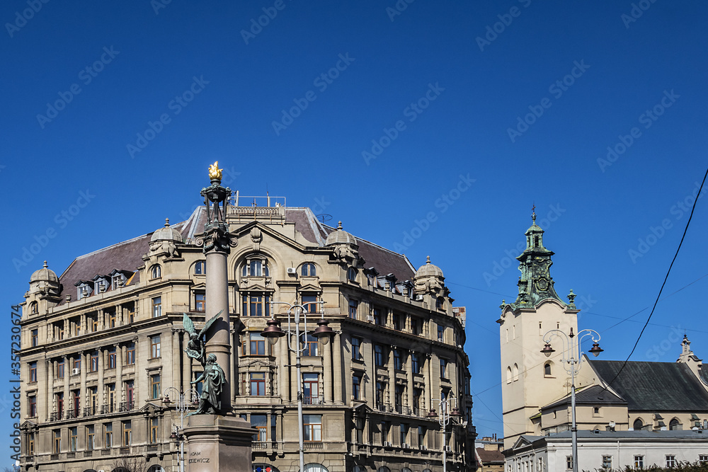 Adam Mickiewicz Monument in Lviv, Ukraine. Lviv is a city in western Ukraine - Capital of historical region of Galicia. Lviv historic city center is on the UNESCO World Heritage List.