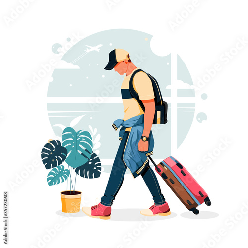 vector illustration of male character portrait carrying his suitcase at the airport, flat design concept
