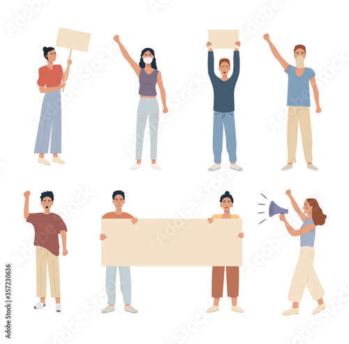 Set of caucasian modern people protesting. Holding a placard banner. Speaking in megaphone. Collection of protesters riot manifestation. Male and female raised hand fist up. Flat vector illustration 