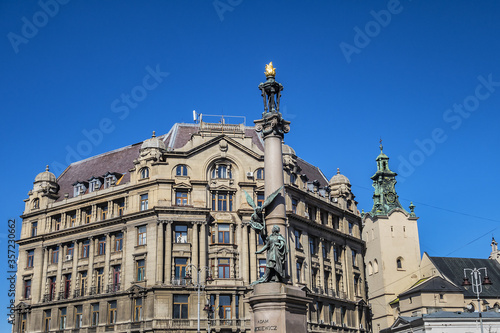 Adam Mickiewicz Monument in Lviv, Ukraine. Lviv is a city in western Ukraine - Capital of historical region of Galicia. Lviv historic city center is on the UNESCO World Heritage List.