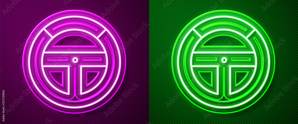 Glowing neon line Steering wheel icon isolated on purple and green background. Car wheel icon. Vector Illustration. Glowing neon line Steering wheel icon isolated on purple and green background. Car wheel icon. Vector Illustration.