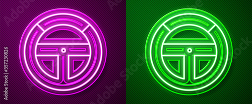 Glowing neon line Steering wheel icon isolated on purple and green background. Car wheel icon. Vector Illustration.