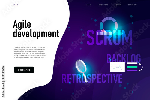 Agile development workflow method. Retrospective, scrum, backlog as a part of agile development method. Agile cycle of app develpment.