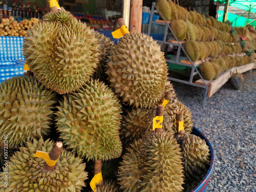 	
Group of fresh durians in the durian market.	
