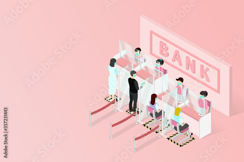 New normal isometric, Signs social distancing queues of people line at the bank counter, people wear face shield and face mask, Installing Plexiglas guards or sneeze guards to combat COVID-19.