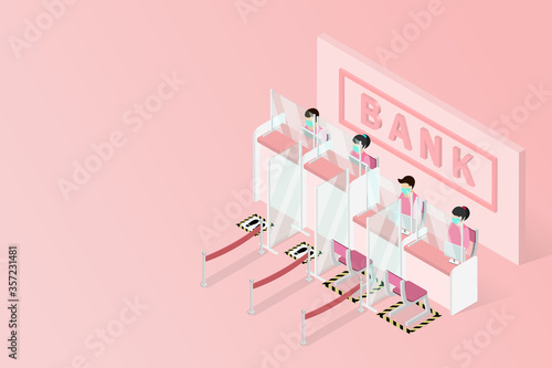 New normal isometric, Signs social distancing queues of people line at the bank counter, people wear face shield and face mask, Installing Plexiglas guards or sneeze guards to combat COVID-19.