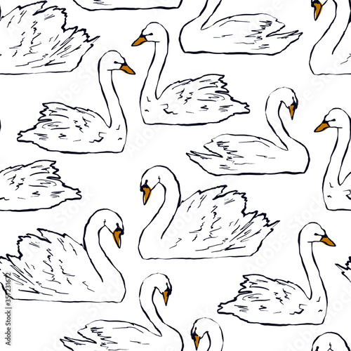 Vector seamless pattern with hand drawn swans on white background. Hand drawn elegant illustration great for fabric or wallpaper.