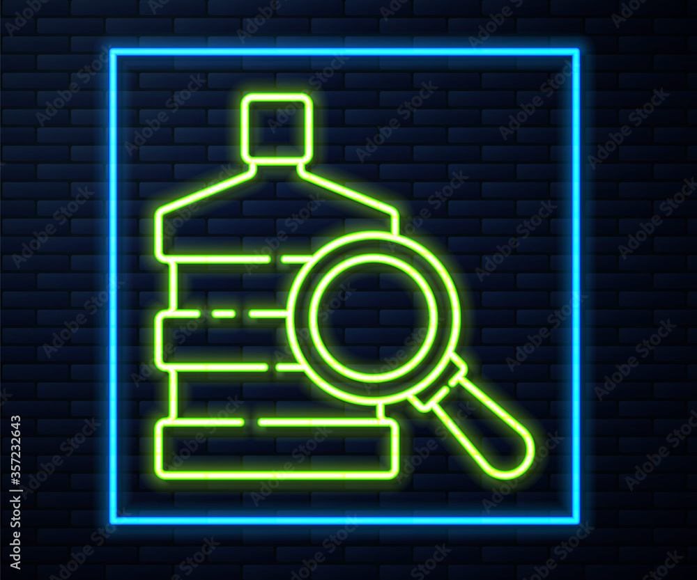 Glowing neon line Big bottle with clean water and magnifying glass icon isolated on brick wall background. Plastic container for the cooler. Vector Illustration. Glowing neon line Big bottle with clean water and magnifying glass icon isolated on brick wall background. Plastic container for the cooler. Vector Illustration.
