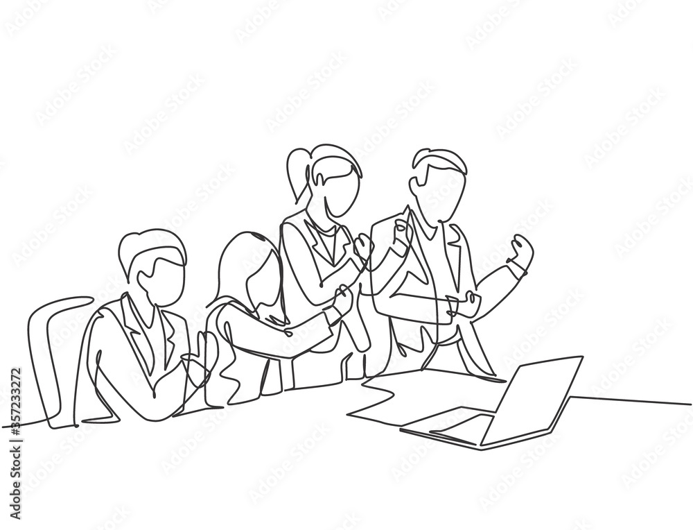 One single line drawing of young happy business man and business woman celebrate their success to deal a new business contract. Business meeting concept continuous line draw design vector illustration One single line drawing of young happy business man and business woman celebrate their success to deal a new business contract. Business meeting concept continuous line draw design vector illustration