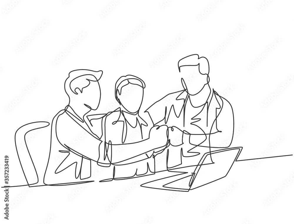 One continuous line drawing of multi level marketing or MLM upliner doing presentation with laptop to prospect downliner candidate. MLM business concept single line draw design vector illustration