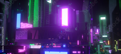Night city lights. Neon urban future. Futuristic city in a cyberpunk style. Photorealistic 3D illustration. Futuristic skyscrapers with huge luminous billboards.