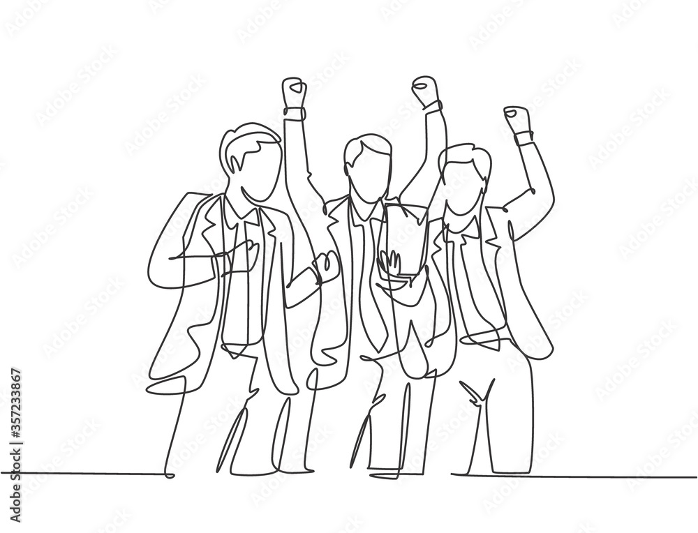 One continuous line drawing of young startup founders and CEO raised their fist into the air to celebrate their success got fund from investor. Business concept single line draw design illustration One continuous line drawing of young startup founders and CEO raised their fist into the air to celebrate their success got fund from investor. Business concept single line draw design illustration