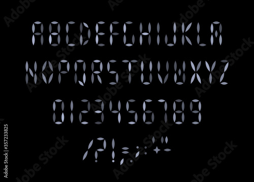 Letters, numbers and signs set for digital scoreboard. Dashes stripes, segments style of alphabet. Font for led display, scoreboard, electronic device screen, digit board. Vector typography design.