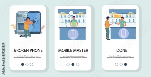 Phone repair mobile app onboarding screens vector template