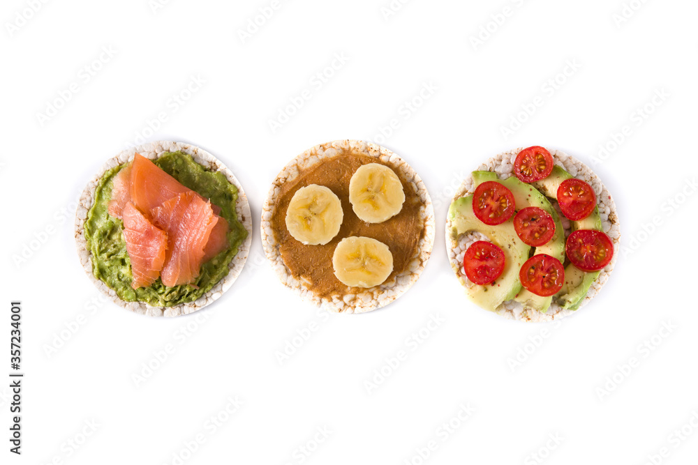Puffed rice cakes with guacamole salmon,tomato and avocado, and Puffed rice cakes with guacamole salmon,tomato and avocado, and