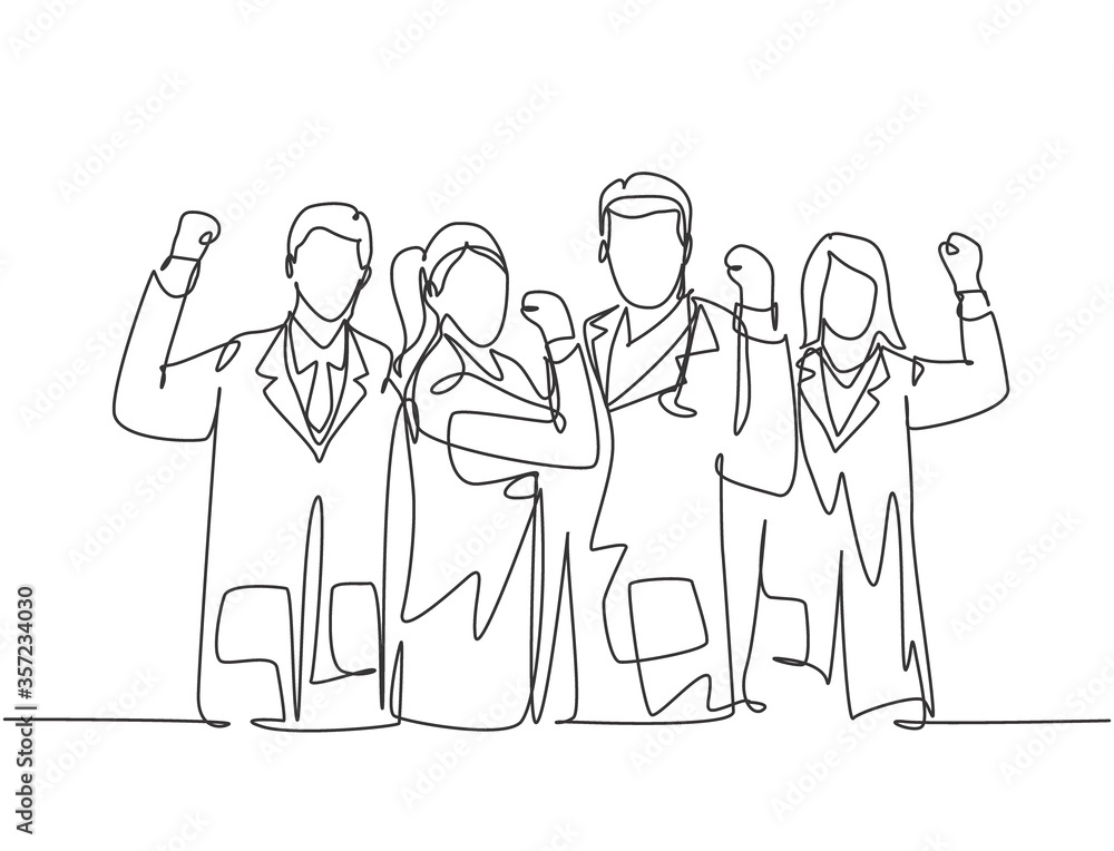 Single continuous line drawing of group of male doctor and female doctor celebrate their success cure patient at hospital. Medical healthcare service concept one line draw design vector illustration Single continuous line drawing of group of male doctor and female doctor celebrate their success cure patient at hospital. Medical healthcare service concept one line draw design vector illustration