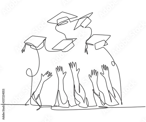 One single line drawing of group of college student throw their cap to the air to celebrate their school graduation. Undergraduate education concept continuous line draw design vector illustration