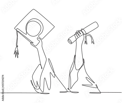 One single line drawing of young happy graduate college students lift up a graduation letter paper roll and cap. Graduate from school concept continuous line draw graphic design vector illustration