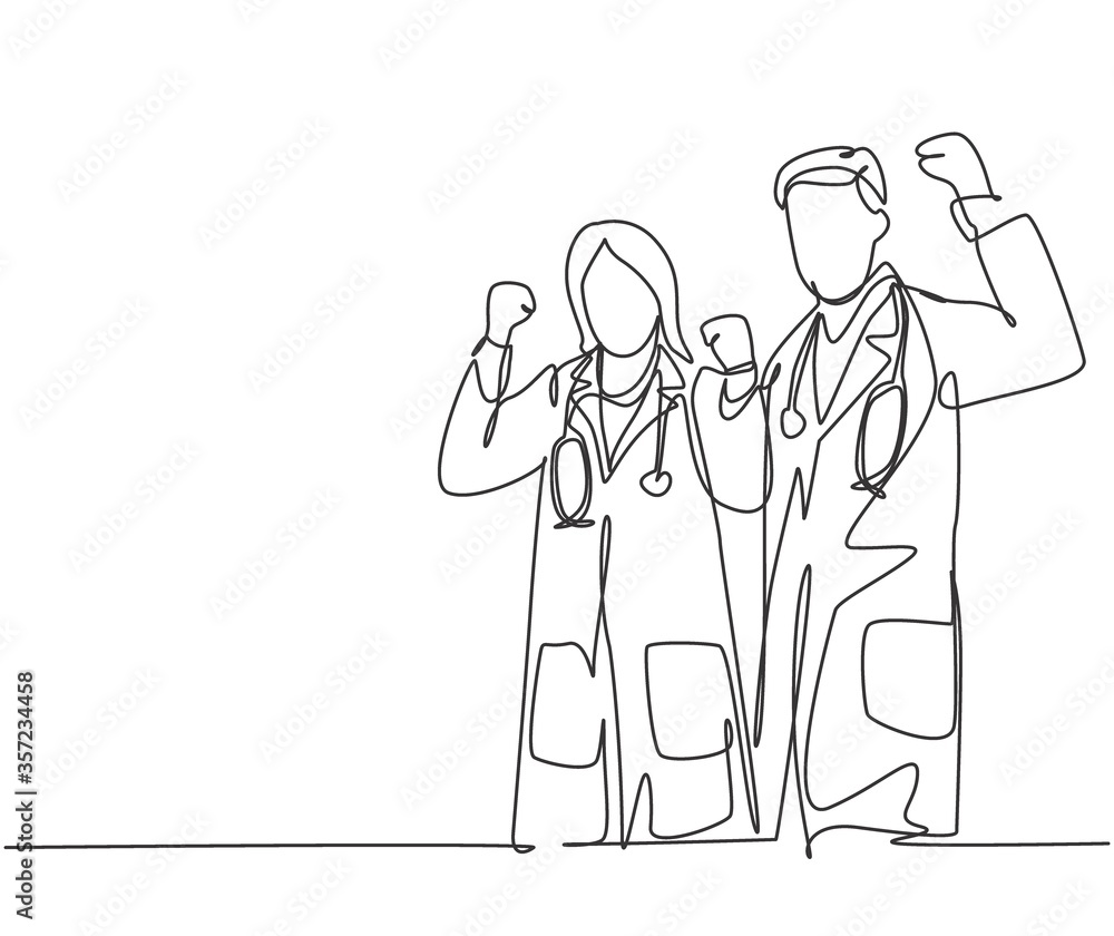One continuous line drawing of young happy male doctor hugging female doctor to celebrate their successive work. Medical health care service concept single line draw design graphic vector illustration One continuous line drawing of young happy male doctor hugging female doctor to celebrate their successive work. Medical health care service concept single line draw design graphic vector illustration