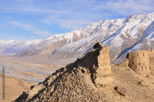 Sun setting on the Yamchun Fort in the Wakhan Valley between Tajikistan and Afghanistan.