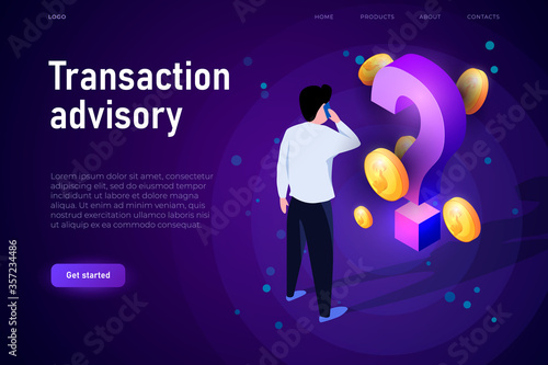 Transaction advisory illustration concept. Isometric financial illsutration with 3d coins and isometric question mark. Financial advisor.