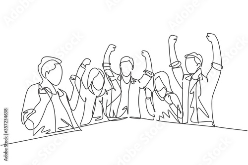 One single line drawing of young happy business man and business woman celebrating their success achieve the business target. Team work goal concept continuous line draw design vector illustration