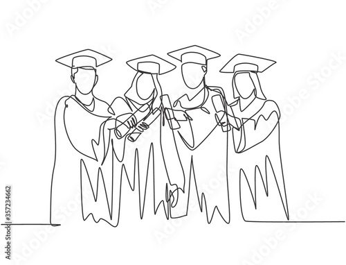 One single line drawing of group of male and female college student show their graduation letter to celebrate their graduate from school. Education concept continuous line draw design illustration