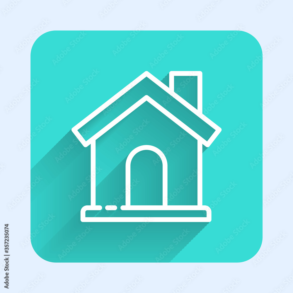 White line House icon isolated with long shadow. Home symbol. Green square button. Vector Illustration. White line House icon isolated with long shadow. Home symbol. Green square button. Vector Illustration.