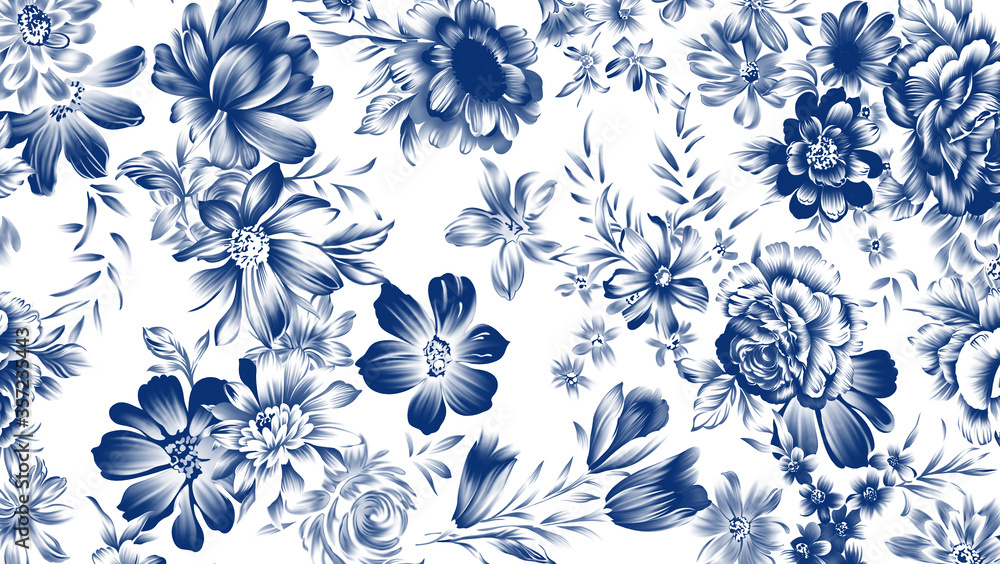 Fototapeta Seamless pattern with spring flowers and leaves. Hand drawn background. floral pattern for wallpaper or fabric.