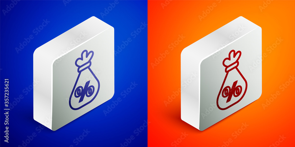 Isometric line Money bag with percent icon isolated on blue and orange background. Cash Banking currency sign. Silver square button. Vector Illustration. Isometric line Money bag with percent icon isolated on blue and orange background. Cash Banking currency sign. Silver square button. Vector Illustration.
