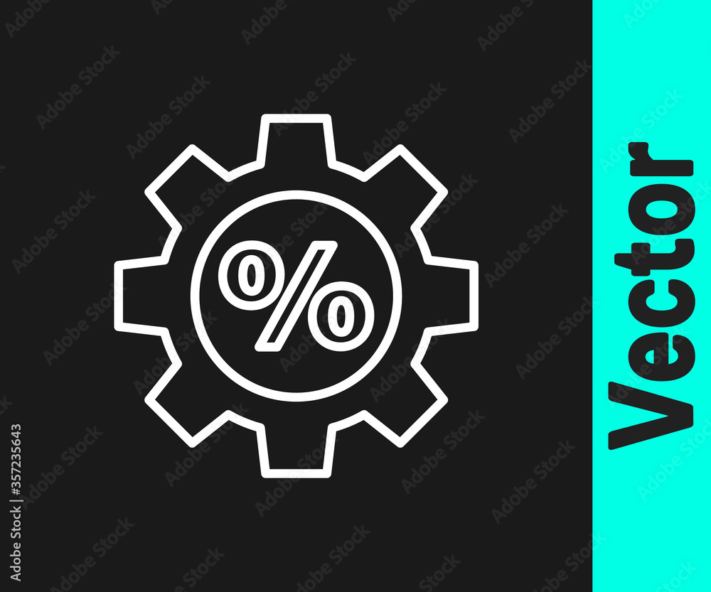 White line Gear with percent icon isolated on black background. Vector Illustration.