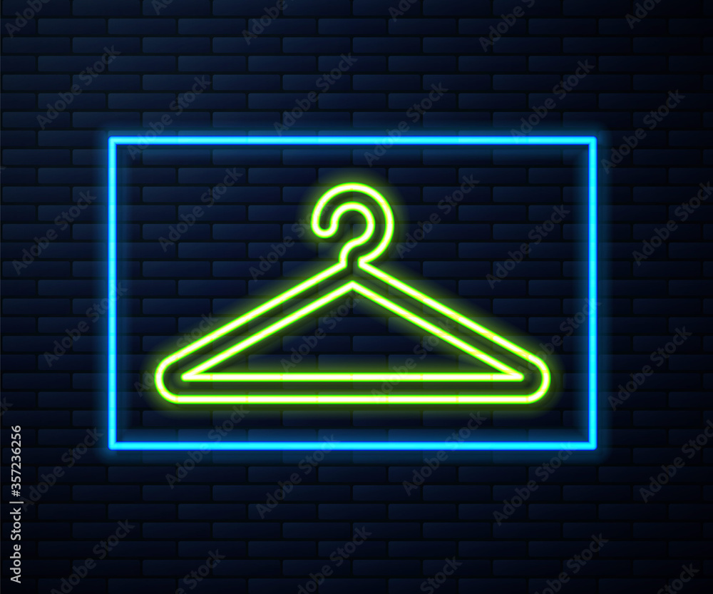Glowing neon line Hanger wardrobe icon isolated on brick wall background. Cloakroom icon. Clothes service symbol. Laundry hanger sign. Vector Illustration. Glowing neon line Hanger wardrobe icon isolated on brick wall background. Cloakroom icon. Clothes service symbol. Laundry hanger sign. Vector Illustration.