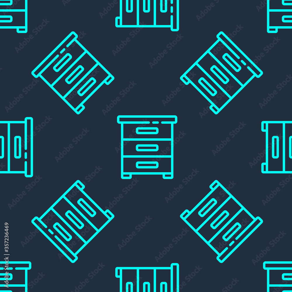 Green line Drawer with documents icon isolated seamless pattern on blue background. Archive papers drawer. File Cabinet Drawer. Office furniture. Vector Illustration. Green line Drawer with documents icon isolated seamless pattern on blue background. Archive papers drawer. File Cabinet Drawer. Office furniture. Vector Illustration.
