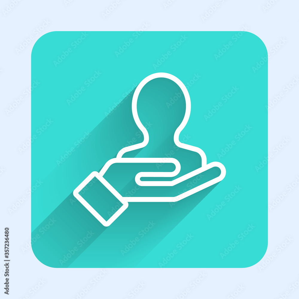 White line Hand for search a people icon isolated with long shadow. Recruitment or selection concept. Search for employees and job. Green square button. Vector Illustration. White line Hand for search a people icon isolated with long shadow. Recruitment or selection concept. Search for employees and job. Green square button. Vector Illustration.