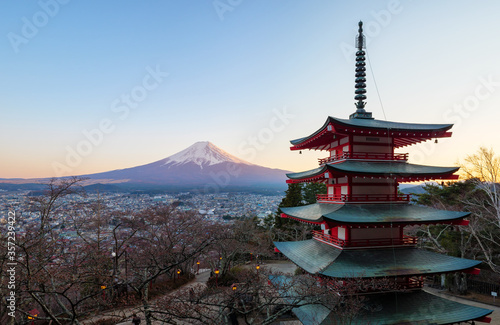 Beautiful landscape with Mt. Fuji and Chureito Pagoda  Fujiyoshida  Japan.