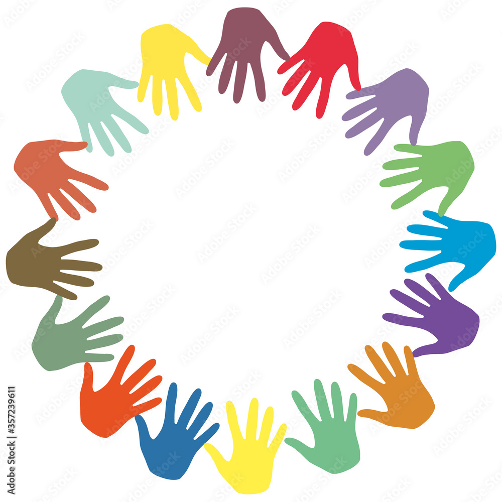 Colorful hands palms in circle shaped. Team, friendship, charity, volunteering, help, community support and social care concept Colorful hands palms in circle shaped. Team, friendship, charity, volunteering, help, community support and social care concept