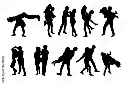 Set of dancing couples silhouettes isolated on white background. Men and women on swing, jazz, lindy hop, street dance or boogie woogie party. Young people dancing rocknroll. Stock vector illustration