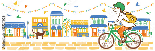 夏　街並み　自転車　男性