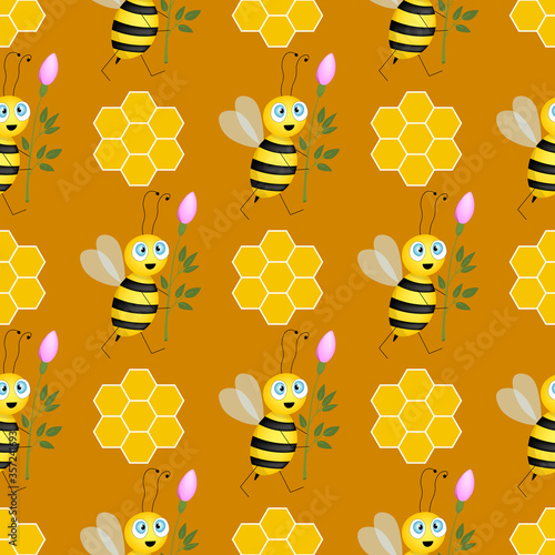 Fototapeta Naklejka Na Ścianę i Meble -  Seamless pattern with bees and honeycombs on brown background. Small wasp. Vector illustration. Adorable cartoon character. Design for invitation, cards, textile, fabric. Flat style. Bee with flower.