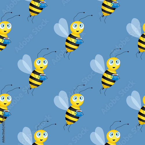 Seamless pattern with bees on blue background. Small wasp. Vector illustration. Adorable cartoon character. Design for invitation, cards, textile, fabric. Bee with cup of tea. © Alla